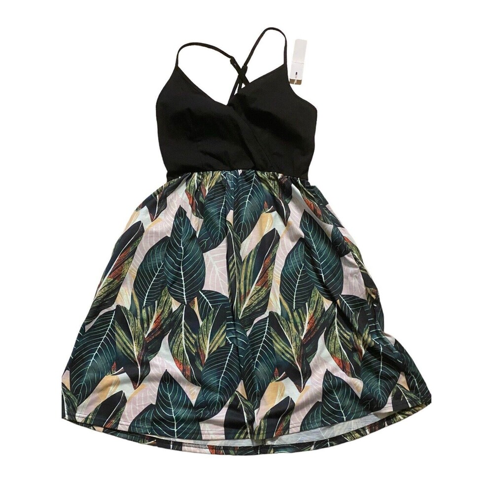 Laishen Spaghetti Strap Crossover V-Neck Black w/ Tropical Leaves Pockets Size S